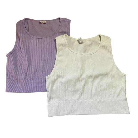 Yogalicious Women's Pair of Ribbed Purple & White Erin Cropped Tops Size Large - Picture 1 of 4